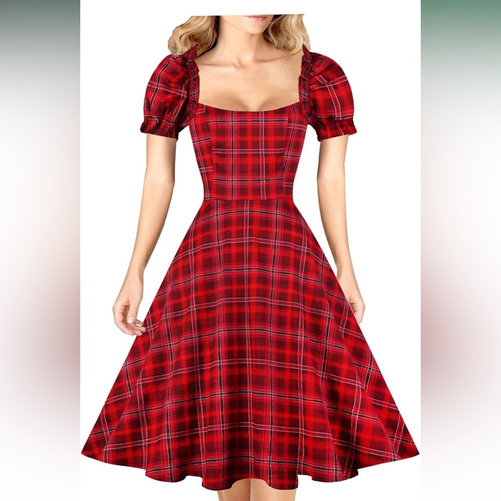 Hanpceirs cap sleeve dress Size 3XL Red Plaid pockets Pinup Retro A Line Pockets